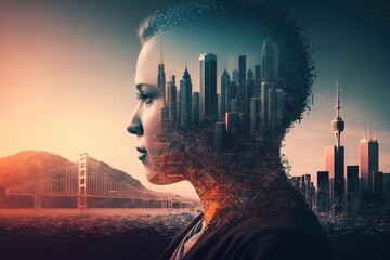 Poster - Creative artificial intelligence interface in double exposure against a backdrop of skyscrapers in San Francisco. Concept of neural networks and machine learning. Generative AI