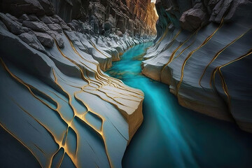Wall Mural - turqoise river and rocks in the mountains, generative ai