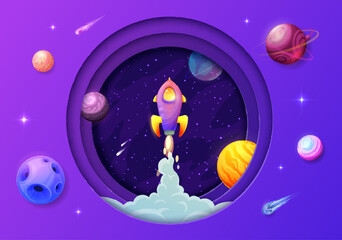 Poster - Space paper cut rocket launch, galaxy planets