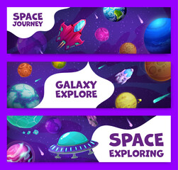 Poster - Cartoon space banners with cosmic engines and ufo