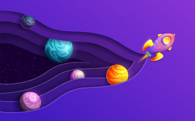 Poster - Space paper cut rocket spaceship in starry galaxy
