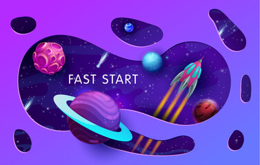 Poster - Paper cut space landscape, rocket flying in galaxy