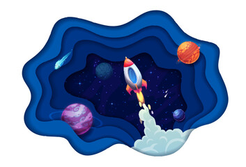 Poster - Space paper cut galaxy planets and rocket launch
