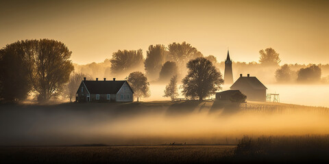 Wall Mural - misty morning sunrise over the rural landscape, generative ai