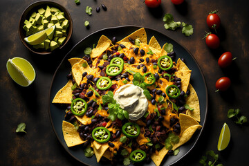 Wall Mural - Nachos. Crispy tortilla chips topped with salsa, guacamole, sour cream, melted cheddar cheese, black beans, jalapenos, and lettuce. Mexican or Tex Mex restaurant traditional classic dish. Generative