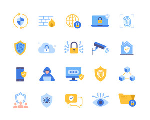 Poster - set of security colorful icons. colorful stickers with shield, devices with password, antivirus and 