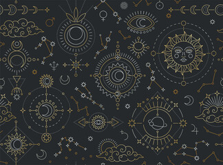Wall Mural - Mystical seamless pattern. Repeating template with magical astrological elements, moon, sun, constellations and occult symbols. Design for printing on fabric or paper. Cartoon flat vector illustration