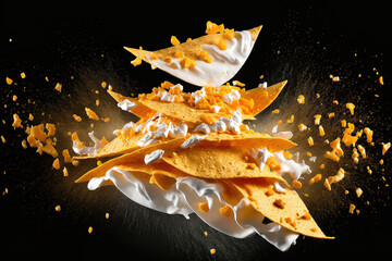 Wall Mural - Mexican nachos flying in the air, isolated on a black background. Generative AI