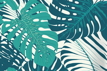 Poster - Tropical monstera leaves in shades of blue, green, and white form a continuous design. wallpaper with exotic flowers. Jungle vegetation . Generative AI