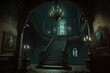 Illustration of the interior of a haunted mansion. Generative AI