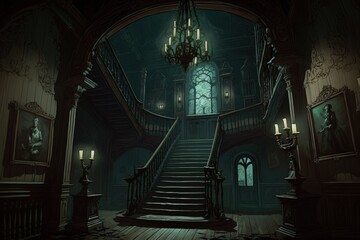 Wall Mural - Illustration of the interior of a haunted mansion. Generative AI