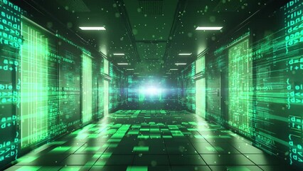 Featuring a lush green corridor with digital elements, this video brings the excitement of computer code to life. 