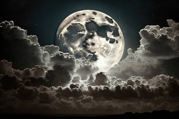 Canvas Print - At night, the large moon glows admirably against the sky's white clouds. Generative AI