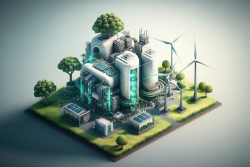 Concept for the clean energy sector 4.0. factory for intelligence. Manufacturing and engineering technology that integrates IoT, AI, BIG DATA, COMPUTER, ROBOTIC, CLOUD, and WiFi. ecological power gene