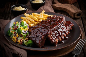 Wall Mural - Delicious plate of BBQ ribs with salad and French fries. Generative AI