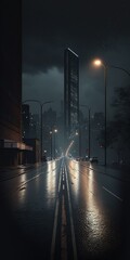 Poster - Side view of an asphalt road in a dark setting close to a modern city. Generative AI
