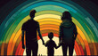 © Cala Serrano - Ai generated. LGBT couple walk hand in hand with her adopted surrogate son in front of a rainbow. Friendly gay rights for non-traditional families.