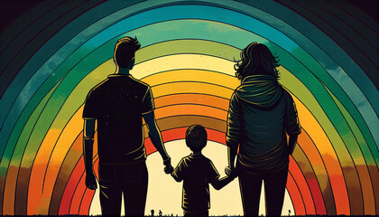 Ai generated. LGBT couple walk hand in hand with her adopted surrogate son in front of a rainbow. Friendly gay rights for non-traditional families.