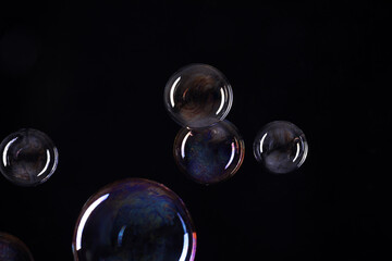 Canvas Print - Beautiful soap bubbles on black background. Space for text