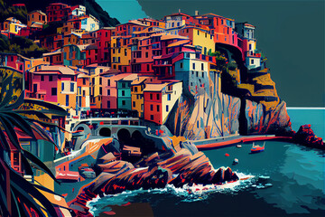 Wall Mural - Colorful illustration inspired in cinque terre, Italy, generative AI