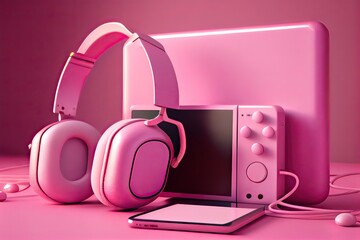 Wall Mural - Pink Gamers kit with headphones, geypad and game console, generative AI