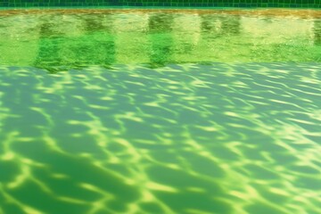 Poster - Swimming pool surface water and texture. The pool's green water is reflected in the sun in the background. Generative AI