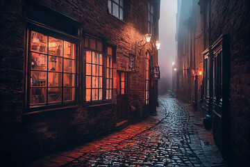 Illustration of historic European town cobblestone street with shops on both sides illuminated in the night, AI Generated image. 