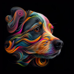 Wall Mural - Abstract colorful cute furry dog illustration on black background, AI-generated image.