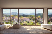 Sustainable Clean Living Interior With Wildflower Garden And Blue Ridge Mountain Views In Spring Made With Generative AI