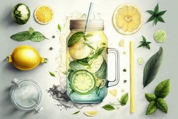 Sticker - Concept for health care, exercise, and a nutritious diet. Lemonade, cocktail, detox beverage, and fresh, cold lemon, cucumber, and mint infused water in a glass jar. Background with a top view and lig