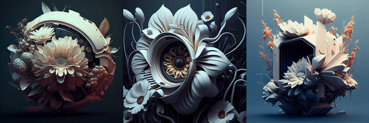 Wall Mural -  Futuristic bionic flowers, illustration. Isolated composition. Dark tone background. Sci-fi atmosphere and floral design, collection