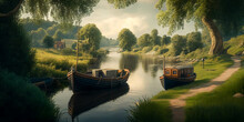 Illustration Of Two Vintage Style Fishing Boats In The Scenic River, AI-Generated Image.