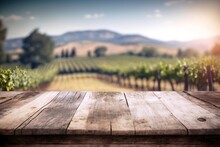 Wooden Table In Vineyard During Daylight. Focus On Foreground. Perfect With Copy Space, Advertisement. Generative AI Illustration