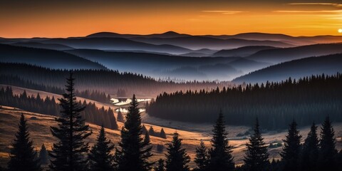 Poster - Czech Republic's national park Sumava at dusk. Generative AI