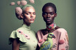 © saquizeta - Portrait. Two women, fashion models who wear glamorous clothes accompanied by beautiful birds. background, minimalist style. Generative AI
