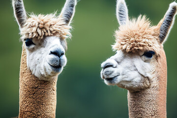 two alpacas are standing on a green meadow among green nature, generative AI