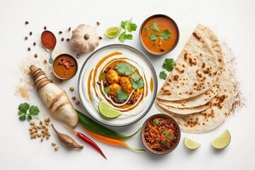 Poster - Indian cuisine dishes tikka masala, dal, paneer, samosa, chapati, chutney, spices. Indian food on white wooden background. Assortment indian pakistani meal with copy space. Top view or flat lay