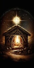 Poster - The Christmas manger of Jesus Christ is illuminated by the star. Generative AI