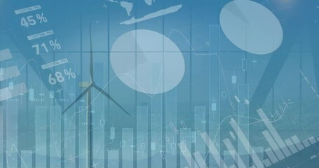 Poster - Animation of statistical data processing over spinning windmill against blue sky
