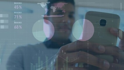 Poster - Animation of statistical data processing against biracial man using smartphone