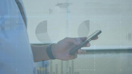 Poster - Animation of statistical data processing over mid section of a man using smartphone while walking