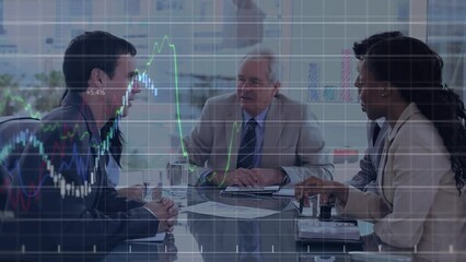 Poster - Animation of financial data processing over diverse businesspeople discussing together at office