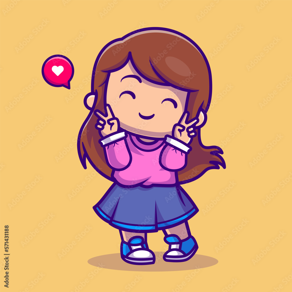 Cute Girl With Peace Sign Cartoon Vector Icon Illustration People ...