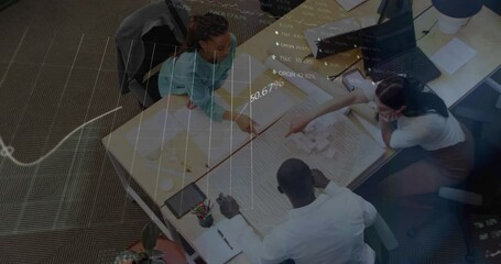 Poster - Animation of stock market data processing over diverse colleagues discussing over a plan at office