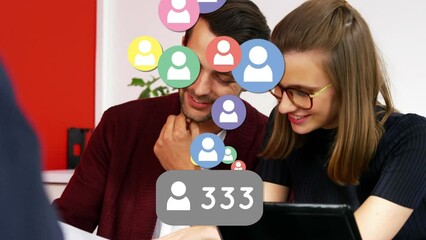 Poster - Animation of profile icons with increasing number against diverse man and woman discussing at office