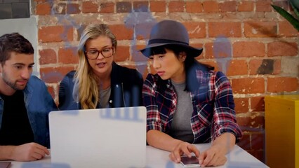 Poster - Animation of multiple digital icons over diverse colleagues discussing over laptop at office