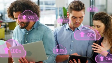 Poster - Animation of cloud icons with increasing percentage over diverse colleagues discussing at office