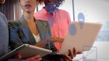Poster - Animation of multiple digital icons over diverse colleagues discussing over laptop at office