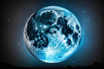 Wall Mural - Beautiful evening photo with a blue background, a full moon that is dazzling and sparkling. Beautiful full moon and hazy skies at night. at nighttime outside