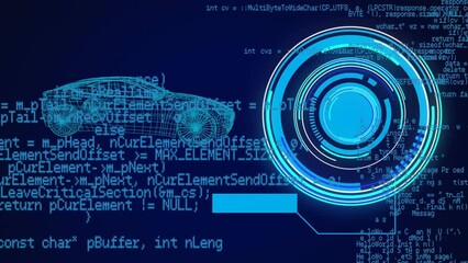 Poster - Animation of round scanner and data processing over 3d car model against blue background